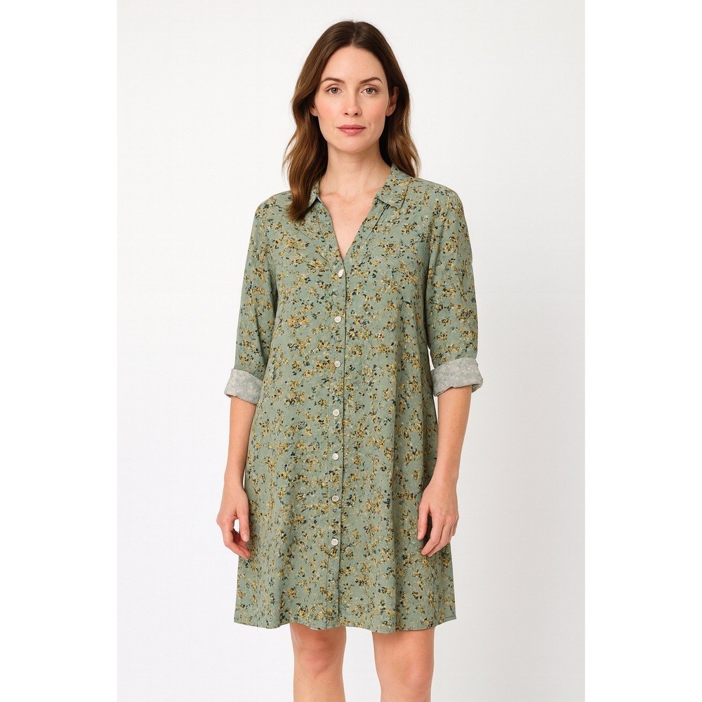 J. Jill Floral Print Tunic Shirt Dress Size L Tall Green Yellow‎ Button Front